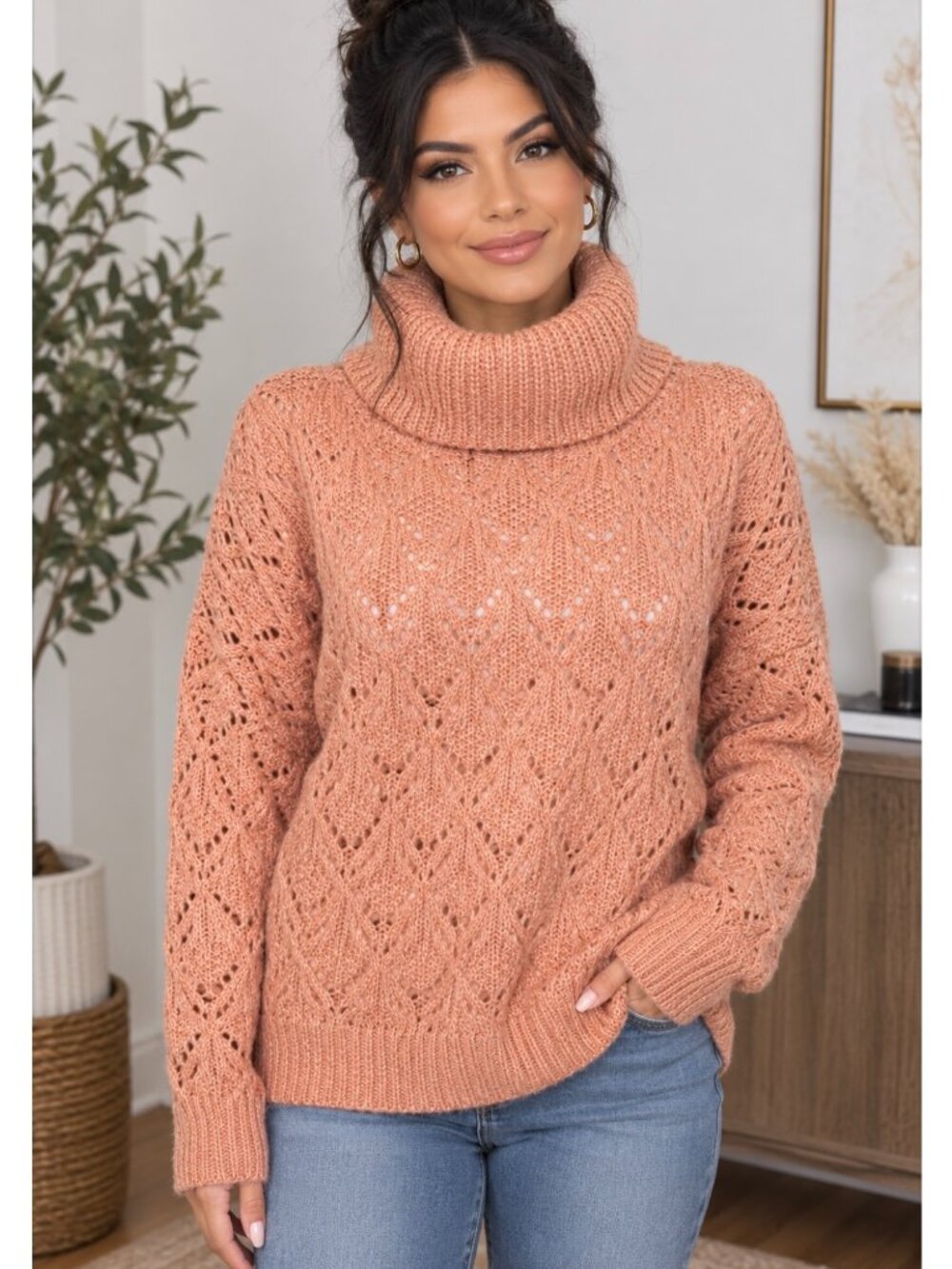 Absolutely Famous Cottage Boho Turtleneck Knit Long Sleeve Sweatshirt Size XL